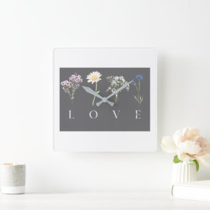 LOVE Floral  – Romantic Botanical Print Square Wall Clock