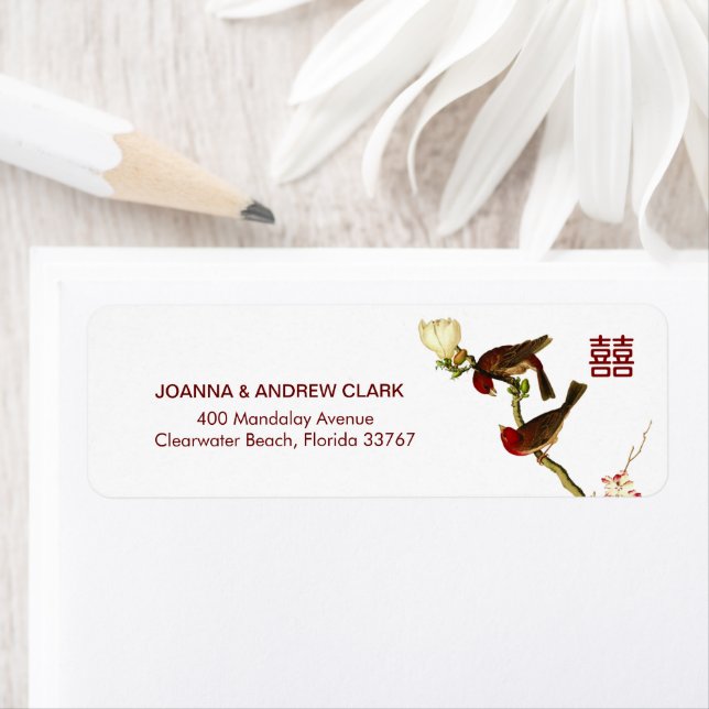 Love Flourishing Birds & Flowers Chinese Wedding © Return Address Label (Insitu)