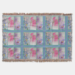 Love Flowers Watercolor Blue Modern Throw Rug