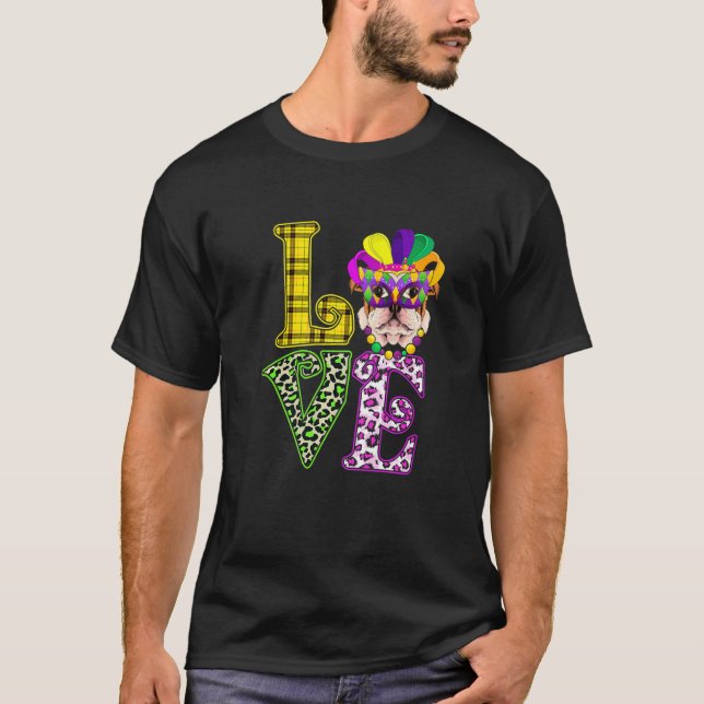 LOVE Funny Mardi Gras French Bulldog Dog Leopard P T-Shirt (Front)