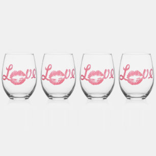 Love Glitter Pink Lipstick Kiss Stemless Wine Glass