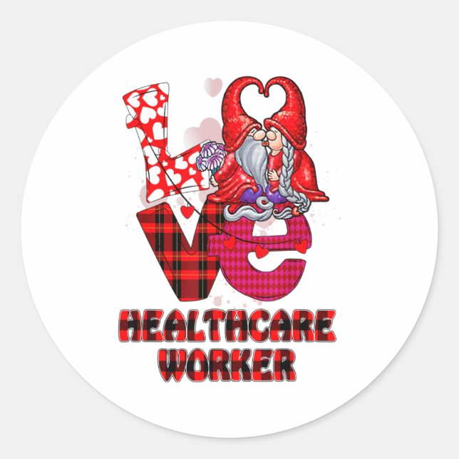 Love Gnome Healthcare Worker Valentines Day Heart  Classic Round Sticker (Front)