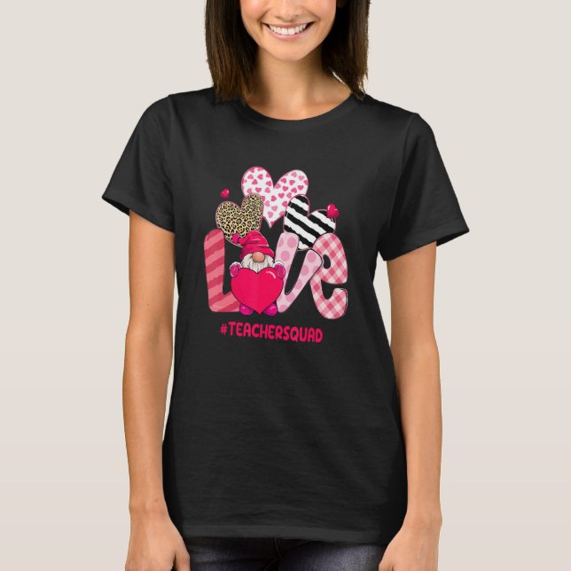 Love Gnome Teacher Squad Leopard Heart Happy Valen T-Shirt (Front)