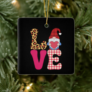 Love Gnome Valentines Day Red Buffalo Plaid Leopar Ceramic Ornament