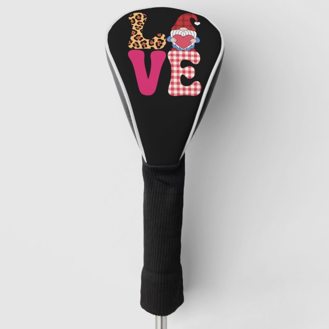 Love Gnome Valentines Day Red Buffalo Plaid Leopar Golf Head Cover (Front)