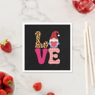 Love Gnome Valentines Day Red Buffalo Plaid Leopar Napkin