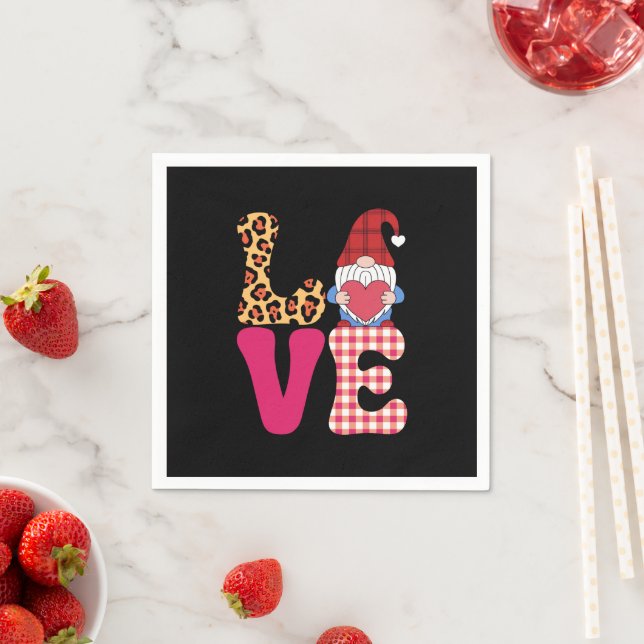 Love Gnome Valentines Day Red Buffalo Plaid Leopar Napkin (Insitu)