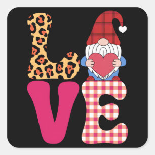 Love Gnome Valentines Day Red Buffalo Plaid Leopar Square Sticker