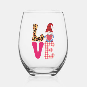 Love Gnome Valentines Day Red Buffalo Plaid Leopar Stemless Wine Glass