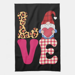 Love Gnome Valentines Day Red Buffalo Plaid Leopar Tea Towel