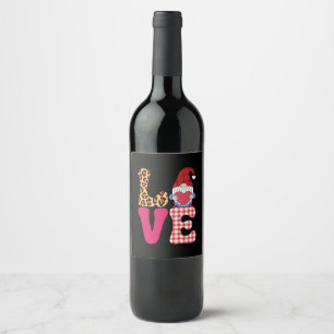 Love Gnome Valentines Day Red Buffalo Plaid Leopar Wine Label