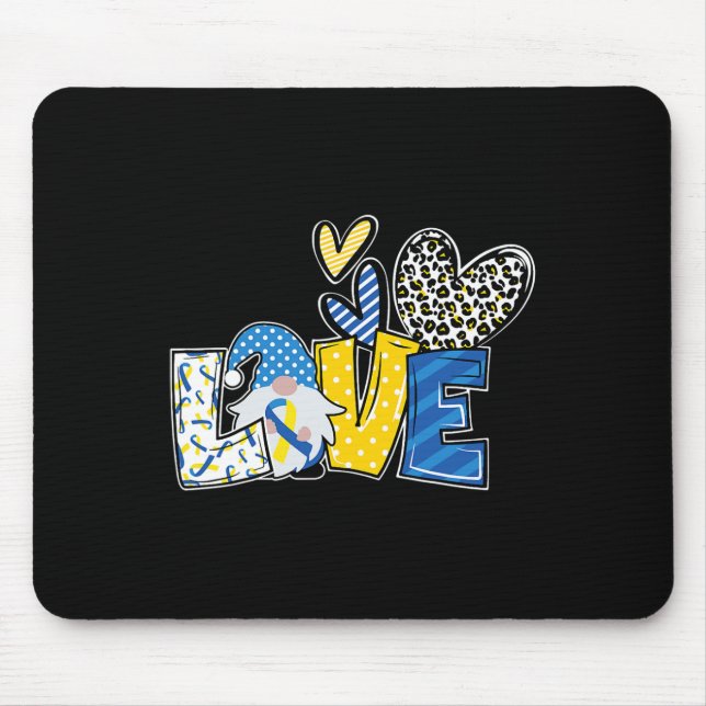 Love Gnomes Blue Yellow Ribbon Down Syndrome Aware Mouse Pad (Front)