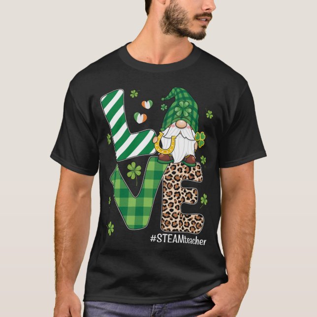Love Gnomes STEAM Teacher St Patricks Day Leopard  T-Shirt (Front)