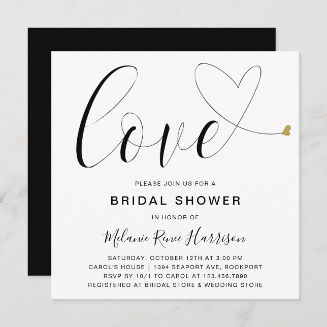Love Gold Heart Black White Modern Bridal Shower Invitation (Front/Back)