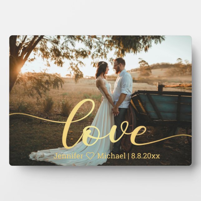 love,gold modern calligraphy country wedding photo plaque (Front)