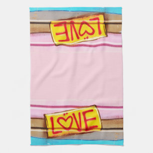 LOVE Graffiti dish towel, pink, tan & blue Tea Towel