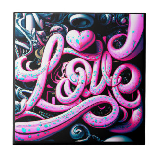 Love Graffiti Pink and Black        Ceramic Tile