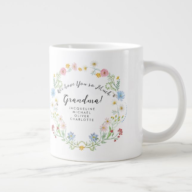 Love Grandma Floral Wildflower wreath w Names Large Coffee Mug (Right)