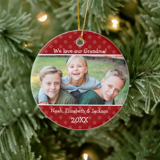 Love Grandma Red Polka Dot Christmas Photo Ceramic Tree Decoration (Tree)