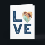 LOVE Graphic Minimalist Heart Shaped Photo Wedding Card<br><div class="desc">Share some love and a photo of them with the happy couple with this custom wedding card. It features an industrialist modern sort of look with a bold graphic in a distressed style of navy blue typography spelling out the word LOVE with a photo of the happy couple in a...</div>