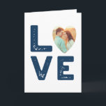 LOVE Graphic Minimalist Heart Shaped Photo Wedding Card<br><div class="desc">Share some love and a photo of them with the happy couple with this custom wedding card. It features an industrialist modern sort of look with a bold graphic in a distressed style of navy blue typography spelling out the word LOVE with a photo of the happy couple in a...</div>