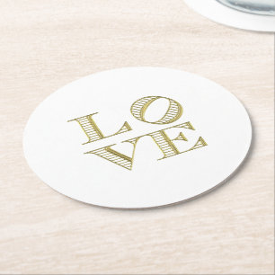 LOVE Graphic Text - Faux Gold Round Paper Coaster