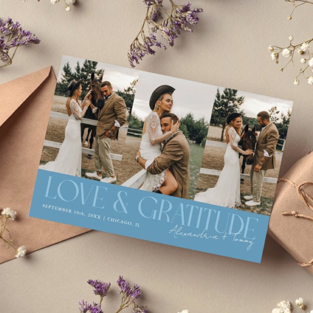 Love & Gratitude Denim Blue Wedding Multi Photo   Thank You Card (Creator Uploaded)