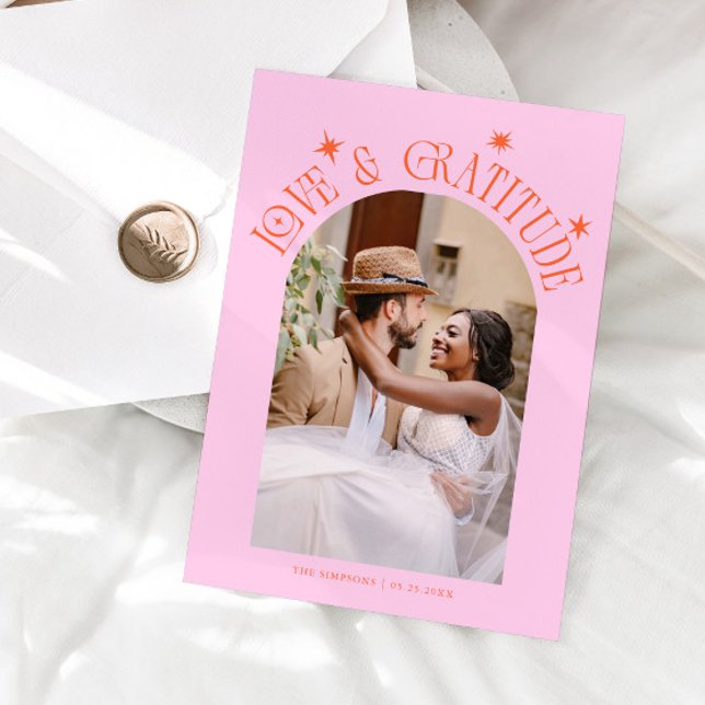 Love & Gratitude Minimal Wedding Photo Orange Pink Thank You Card (Creator Uploaded)