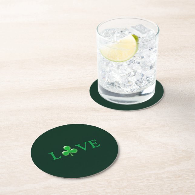 Love Green Clover modern St. Patrick's Day  Round Paper Coaster (Insitu)