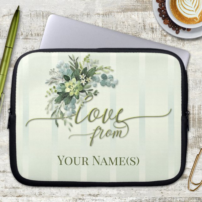 Love Greenery Script Laptop Sleeve (Elegant floral striped watercolor personalized laptop sleeve with  script text)