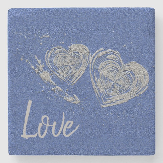 "LOVE", Grey Hearts, Square Marble Stone Coaster (Front)