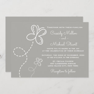 Love Grey & White Wedding Hearts and Butterflies Invitation