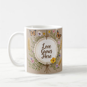 Love grows boho, wildflowers, wheat, butterflies coffee mug