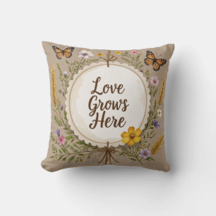 Love grows boho, wildflowers, wheat, butterflies cushion