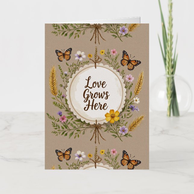 Love grows boho, wildflowers, wheat, butterflies foil greeting card (Front)