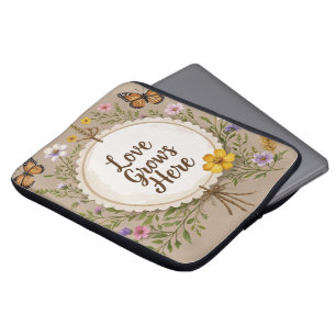 Love grows boho, wildflowers, wheat, butterflies laptop sleeve