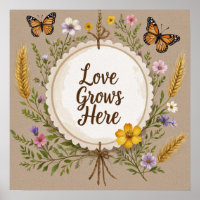 Love grows boho, wildflowers, wheat, butterflies