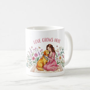 Love Grows Here Golden Retriever Floral Art Coffee Mug