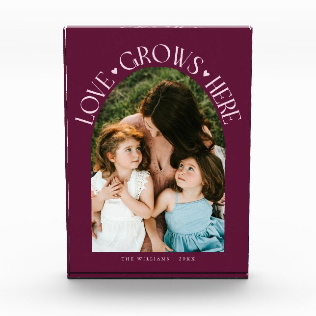 Love Grows Here Modern Arch Cranberry Photo Block (Front)