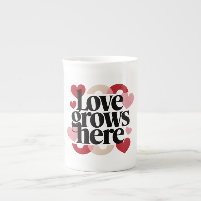 Love Grows Here – Modern Heart Typography Bone China Mug (Front)