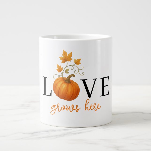 LOVE Grows Here | Pumpkin Lettering Autumn Large Coffee Mug (Front)