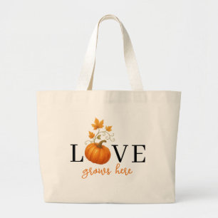 LOVE Grows Here   Pumpkin Lettering Autumn  Large Tote Bag