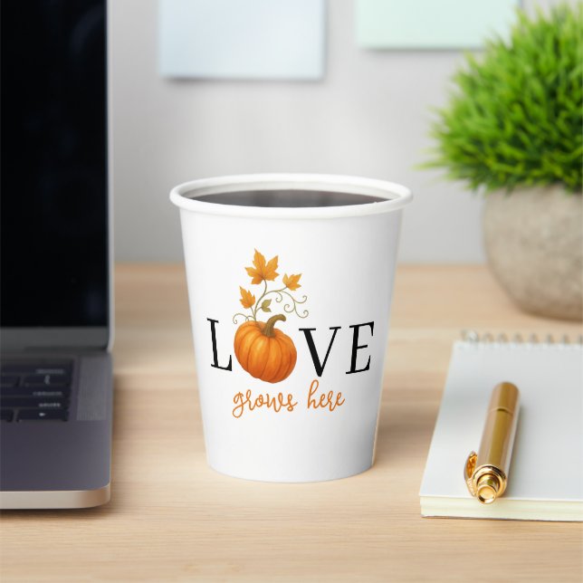 LOVE Grows Here | Pumpkin Lettering Autumn  Paper Cups (Insitu)