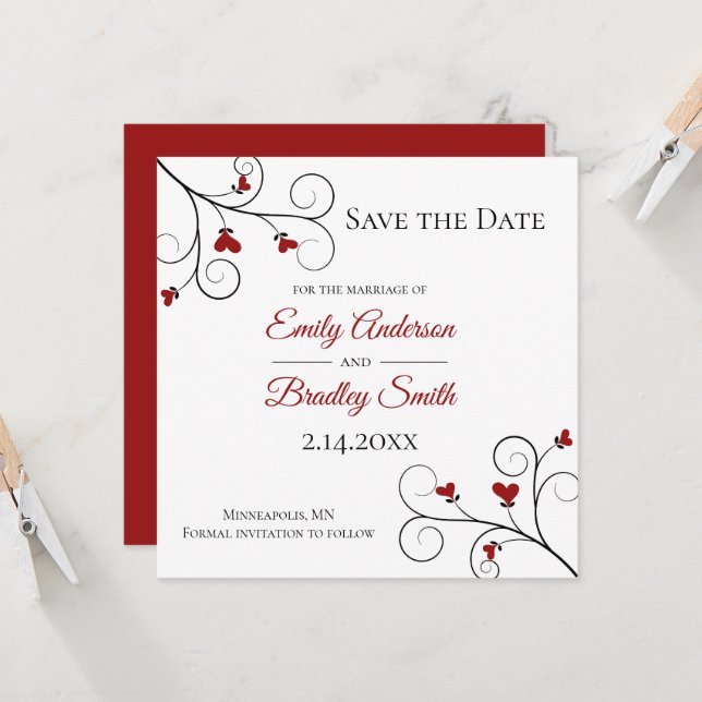 Love Grows | Red Hearts Wedding Save the Date Invitation (Front/Back In Situ)