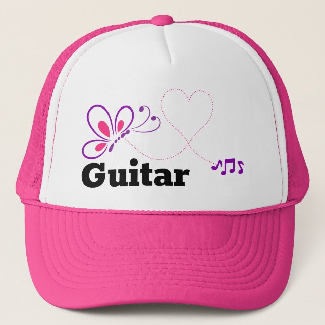Love Guitar Pink Purple Butterfly Heart Trucker Hat (Front)