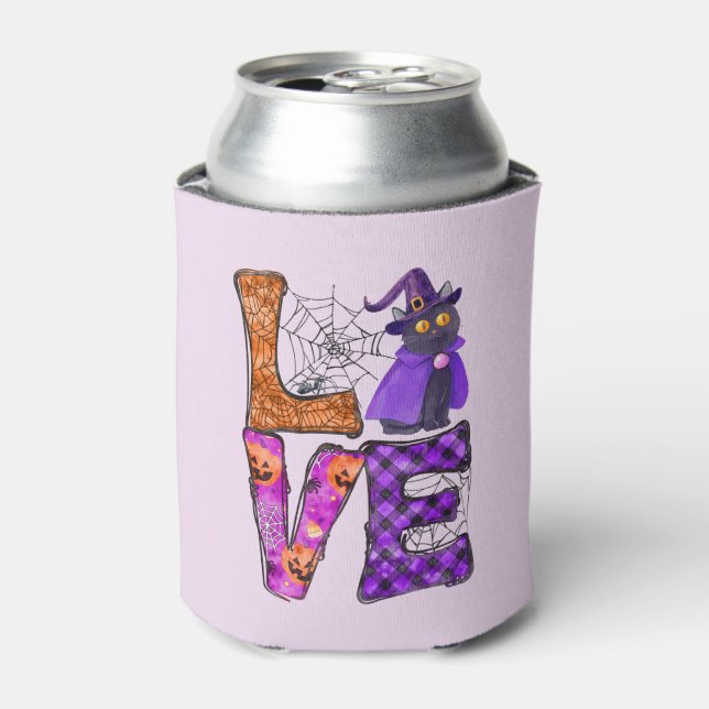 LOVE Halloween Design with Black Witch Cat Can Cooler (Can Front)