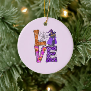 LOVE Halloween Design with Black Witch Cat Ceramic Ornament