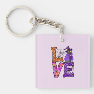 LOVE Halloween Design with Black Witch Cat Key Ring