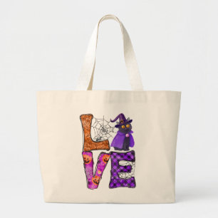LOVE Halloween Design with Black Witch Cat Large Tote Bag