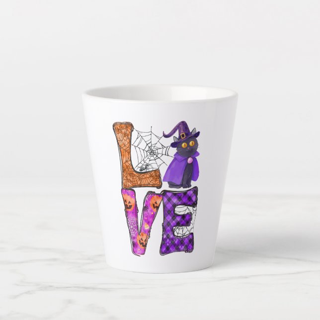 LOVE Halloween Design with Black Witch Cat Latte Mug (Front)